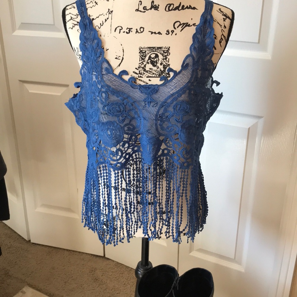 Rebellion Crop Lace Top, Sleeveless Mesh Pattern with Tassels
